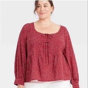 Ava & Viv Flowy Peplum Top Polkadot Scoopneck Puff Sleeves Size XL